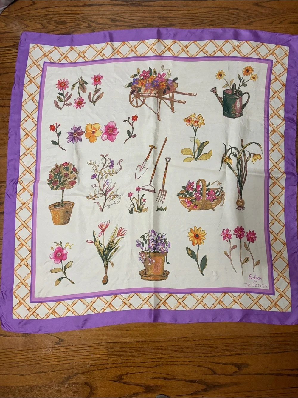 Echo Talbots Floral Garden Silk Scarf in Purple & Cream
